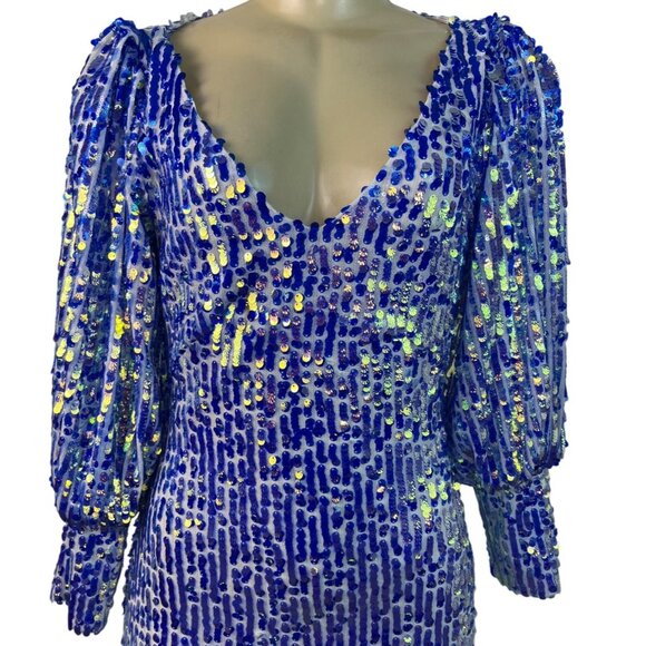 Women's Blue Sequin Puff Sleeve Mini Dress With Deep V-Nec Sz S - Picture 4 of 8